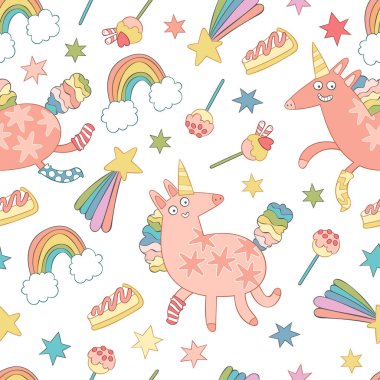 Güzel iz. Komik tek boynuzlu at çizgi filmi. Sihirli karalama hayvanı. Kalpler ve yıldızlar. Gökkuşağı. Tatlı hamur işleri: pasta, kek, kek. Şeker ve lolipop. Kusursuz vektör deseni (arkaplan).