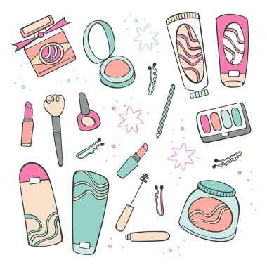 Kozmetik. Krem ve kozmetik maskeler. Makyaj: göz farı, pudra, rimel, ruj, oje. Parfüm. Çizgi film çizimleri hazır. Beyaz arkaplandaki izole vektör nesneleri. 