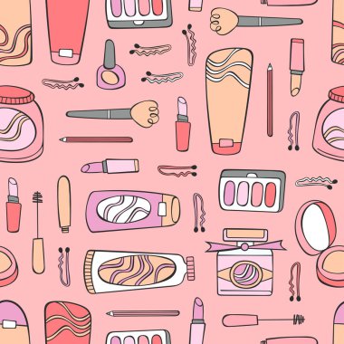 Kozmetik. Krem ve kozmetik maskeler. Makyaj: göz farı, pudra, rimel, ruj, oje. Parfüm. Çizgi film karalamaları. Kusursuz vektör deseni (arkaplan). 