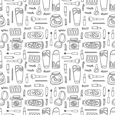 Kozmetik. Krem ve kozmetik maskeler. Makyaj: göz farı, pudra, rimel, ruj, oje. Parfüm. Çizgi film karalamaları. Kusursuz vektör deseni (arkaplan). 