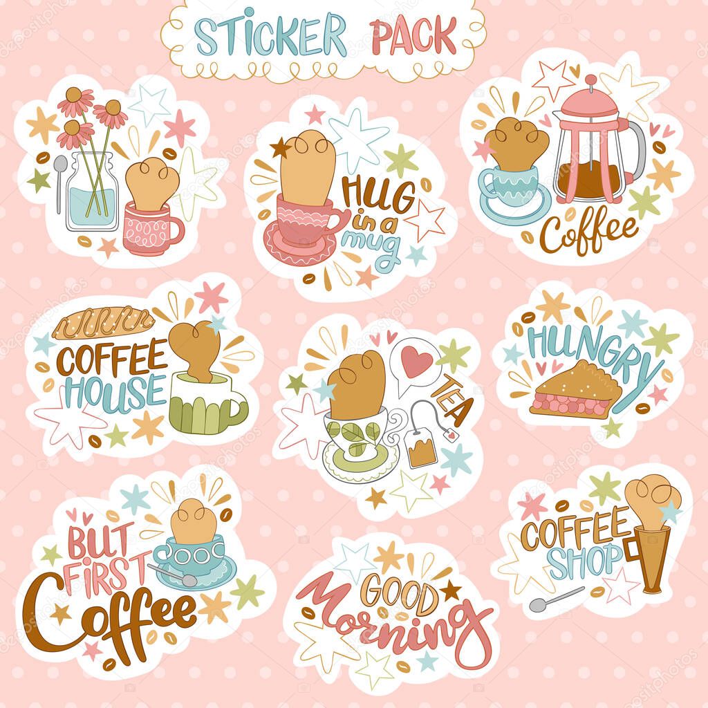 Good morning. Coffee shop. Hot drinks sticker set. Coffee pot and cup. Teapot and tea mug. Delicious pastries: cookies, cake, bread. Lettering: tea and coffee. Flowers in vase. Isolated vector objects