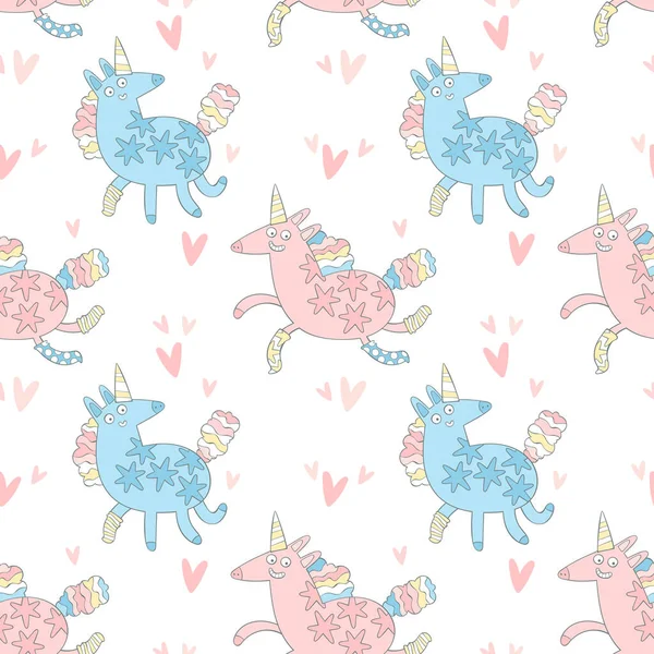 かわいい面白いユニコーン 魔法の動物 心臓だ ピンクと青 シームレスなベクトルパターン 漫画の人形プリント — ストックベクタ