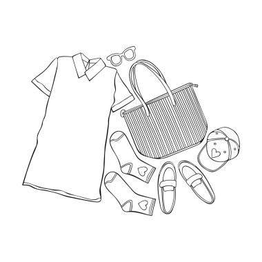 Kadın kıyafetleri. Modaya uygun bir set. Çizim sanatı. Beyaz arkaplandaki izole vektör nesnesi. Çizgi film baskısı. Elbise, beyzbol şapkası, çanta, ayakkabı, çorap, güneş gözlüğü.. 