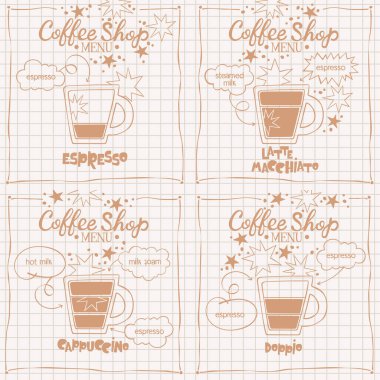 Kahve fincanı takımı. Espresso. Latte Macchiato. Kapuçino. Doppio. Kahve dükkanı menüsü. Mektup. Kahve tarifi. İzole vektör nesnesi. Bej ve kahverengi. İşaretli arkaplan.