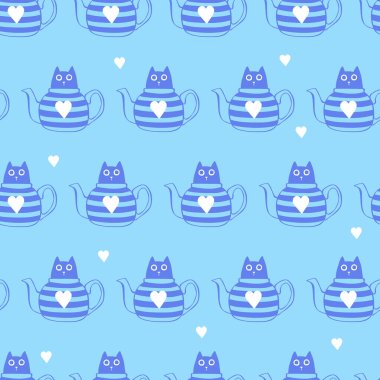 Çizgi film kedisi. Çaydanlıktaki kedi. Kusursuz vektör deseni (arkaplan). 