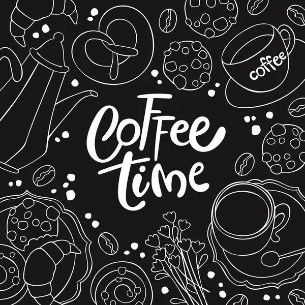 咖啡时间 咖啡壶和咖啡杯花 羊角面包 到处都是海报白色背景上的分离向量对象 卡通食品印刷品 — 图库矢量图片