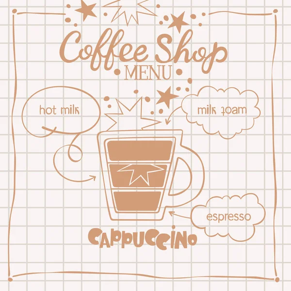 卡布奇诺咖啡店菜单咖啡杯让人恶心咖啡配方 分离的向量对象 米色和棕色 背景经过核对 — 图库矢量图片