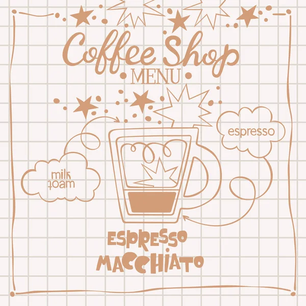 Espresso Macchiato Menú Cafetería Café Letras Receta Bebida Café Objeto — Archivo Imágenes Vectoriales