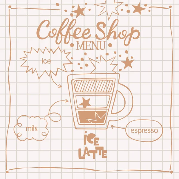 アイスラテ コーヒーショップメニュー コーヒーカップ 手紙だ コーヒーを飲むレシピ 分離ベクトルオブジェクト ベージュとブラウン 確認された背景 — ストックベクタ