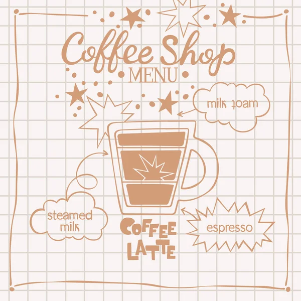 コーヒーラテ コーヒーショップメニュー コーヒーカップ 手紙だ コーヒーを飲むレシピ 分離ベクトルオブジェクト ベージュとブラウン 確認された背景 — ストックベクタ