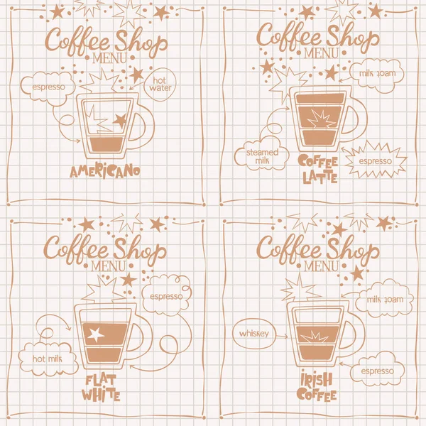 Americano Kaffe Latte Platt Vit Färdiga Kafémenyn Kaffekopp Brev Recept — Stock vektor