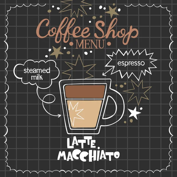 Latte Macchiato Vorhanden Kaffeehaus Speisekarte Kaffeetasse Vorhanden Buchstaben Kaffeetrinken Rezept — Stockvektor