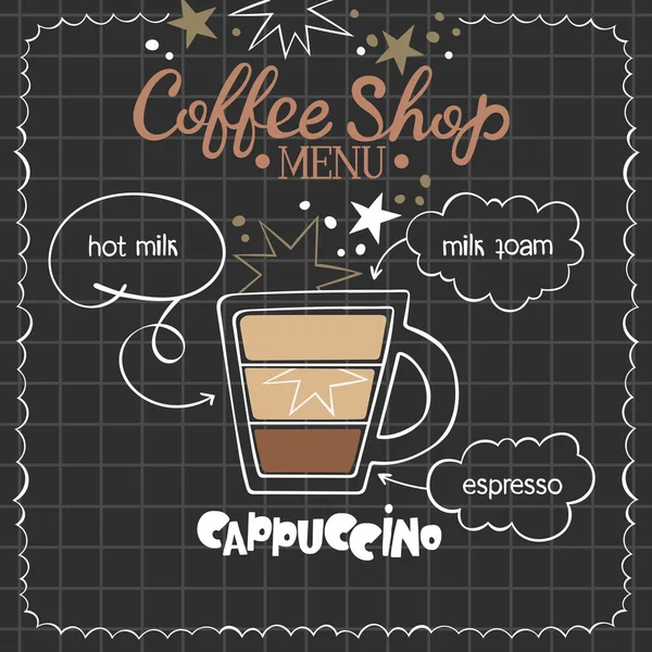 卡布奇诺咖啡店菜单咖啡杯让人恶心咖啡配方 分离的向量对象 米色和棕色 背景经过核对 — 图库矢量图片