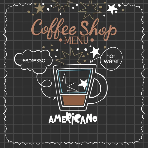アメリカーノ コーヒーショップメニュー コーヒーカップ 手紙だ コーヒーを飲むレシピ 分離ベクトルオブジェクト ベージュとブラウン 確認された背景 — ストックベクタ