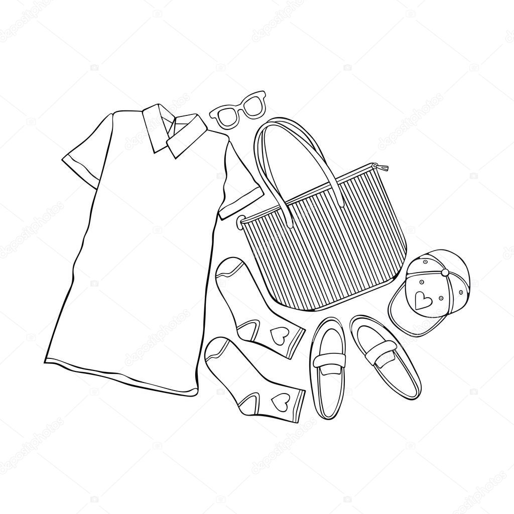 Women's clothing. Fashionable set. Sketch art. Isolated vector object on white background. Cartoon print. Dress, baseball cap, bag, shoes, socks, sunglasses. 