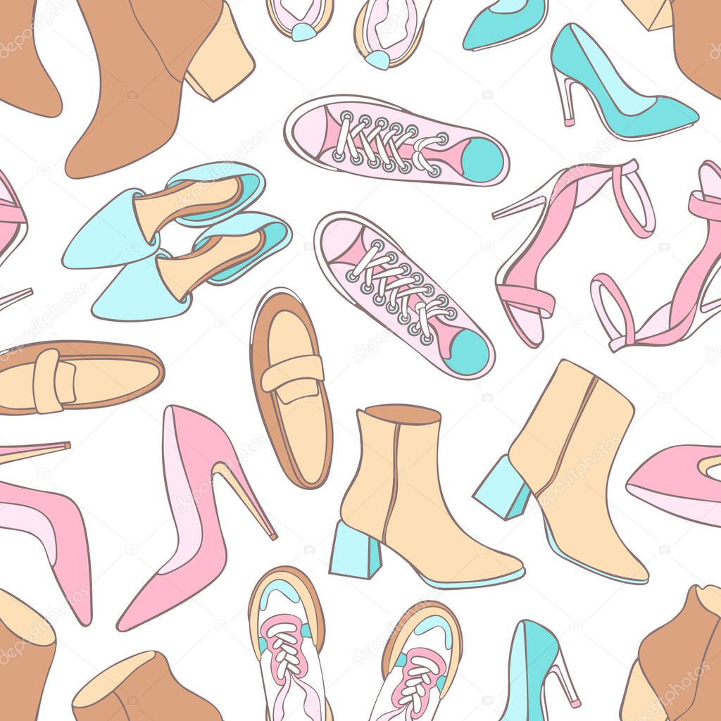 Women's shoes. Set of fashion accessories. Seamless vector pattern (background). Cartoon print.