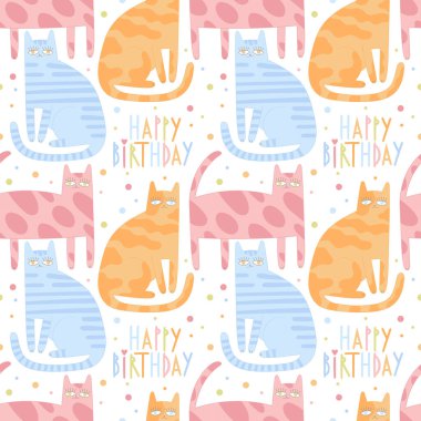 Doğum günün kutlu olsun. Mektup afişi. Sevimli çizgi film kedisi. Tatil kartı. Renkli noktalar - konfeti. Kusursuz vektör deseni (arkaplan). Çizgi film baskısı. 