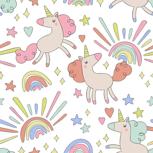 Seamless pattern with cute unicorns diamonds, hearts and rainbows