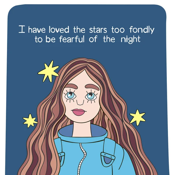 Hermosa Chica Personaje Dibujos Animados Cartel Letras Estrellas Cartel Letras — Vector de stock