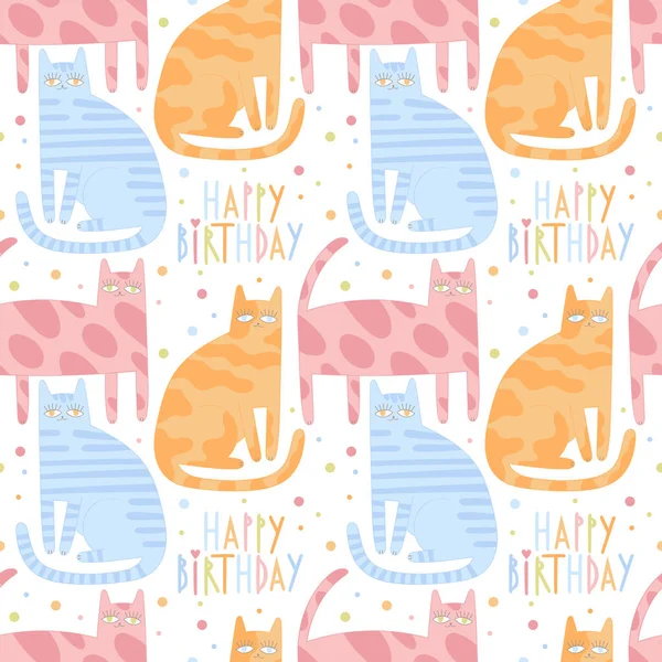 Happy Birthday Lettering Poster Cute Cartoon Cat Holiday Card Colored — Stock vektor