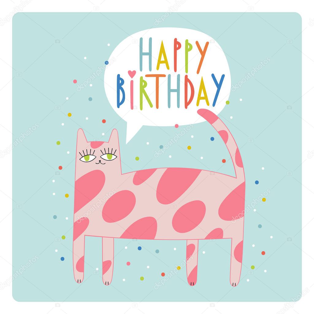 Happy Birthday. Lettering poster. Cute cartoon cat. Holiday card. colored dots - confetti. 