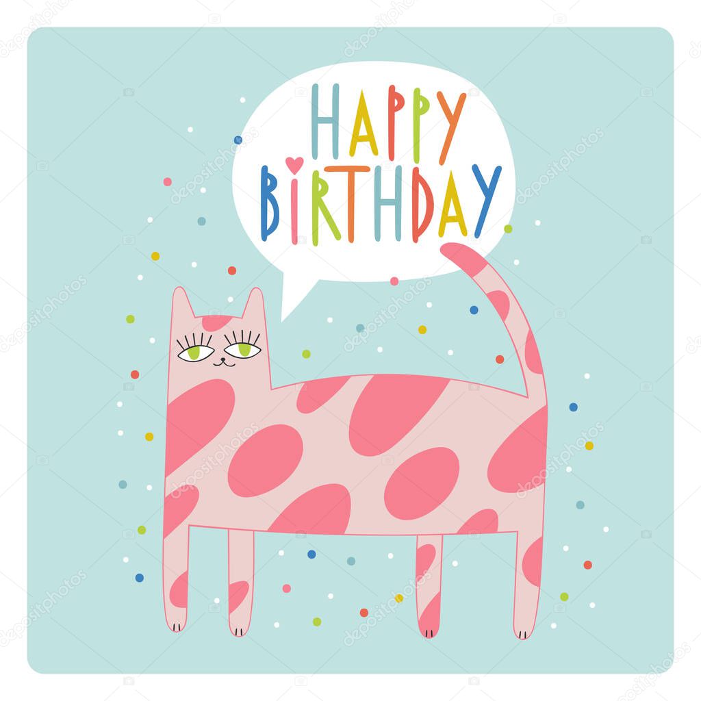 Happy Birthday. Lettering poster. Cute cartoon cat. Holiday card. colored dots - confetti.
