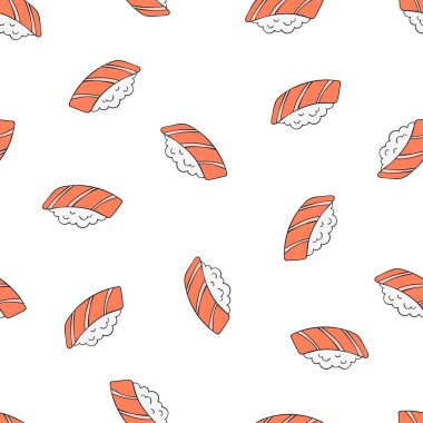Japon yemeği. Suşi ve rulo. Pirinç ve balık. Çizgi film baskısı. Kusursuz vektör deseni (arkaplan). 