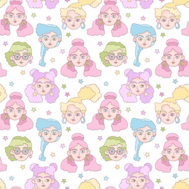 Güzel kız. Çizgi film karakteri. Çılgın saç modeli sanatı. Yıldız izleri. Kusursuz vektör deseni (arkaplan). 