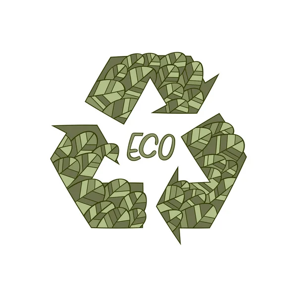 Green Color Recycling Sign Made Leaves Eco Cartoon Art Lettering — Stock Vector