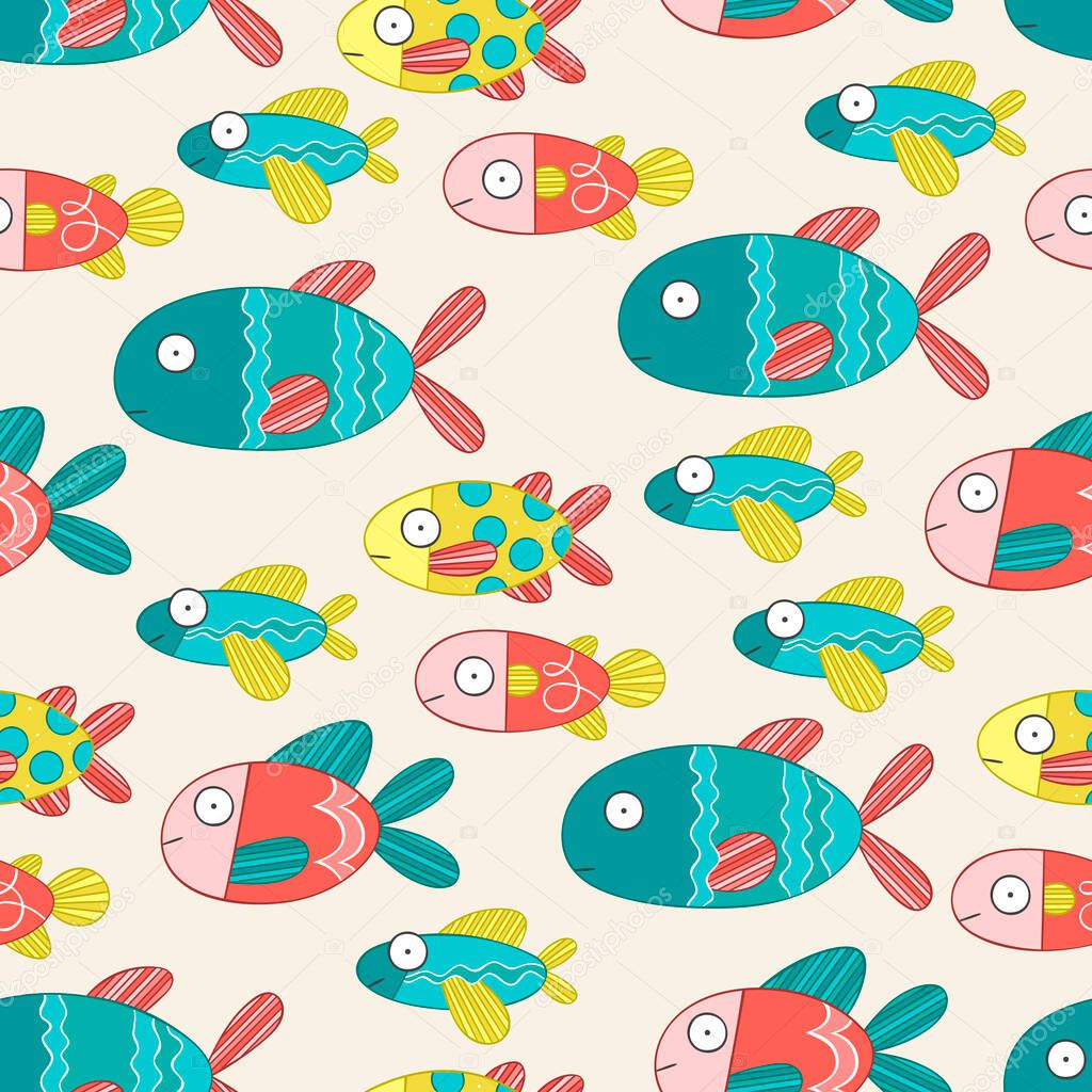 Fish. Sea animals. Seamless vector pattern (background). Cartoon print.
