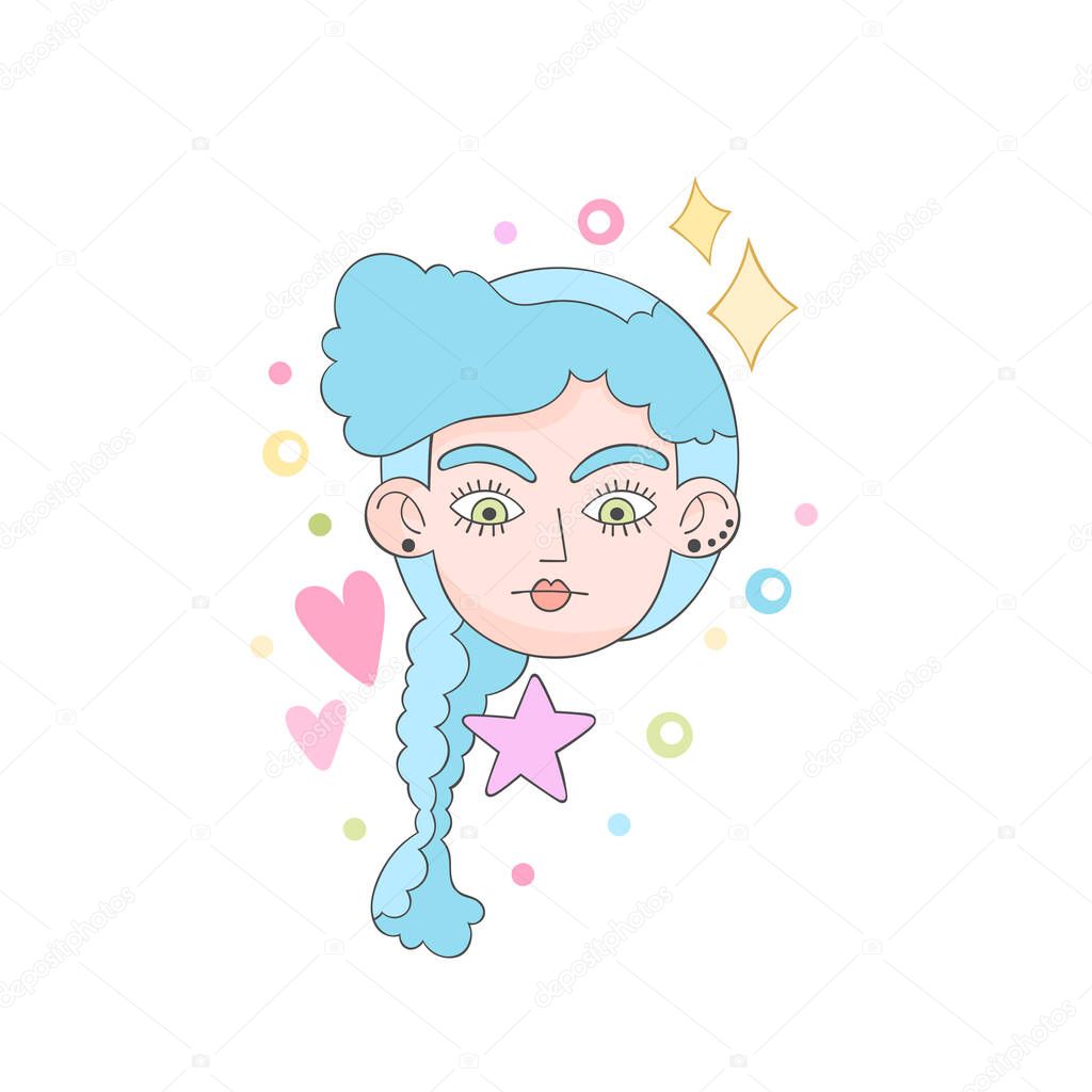 Beautiful girl. Cartoon character. Crazy hairstyle model art. Hearts, stars, dots and sparkles. Isolated vector object on white background.