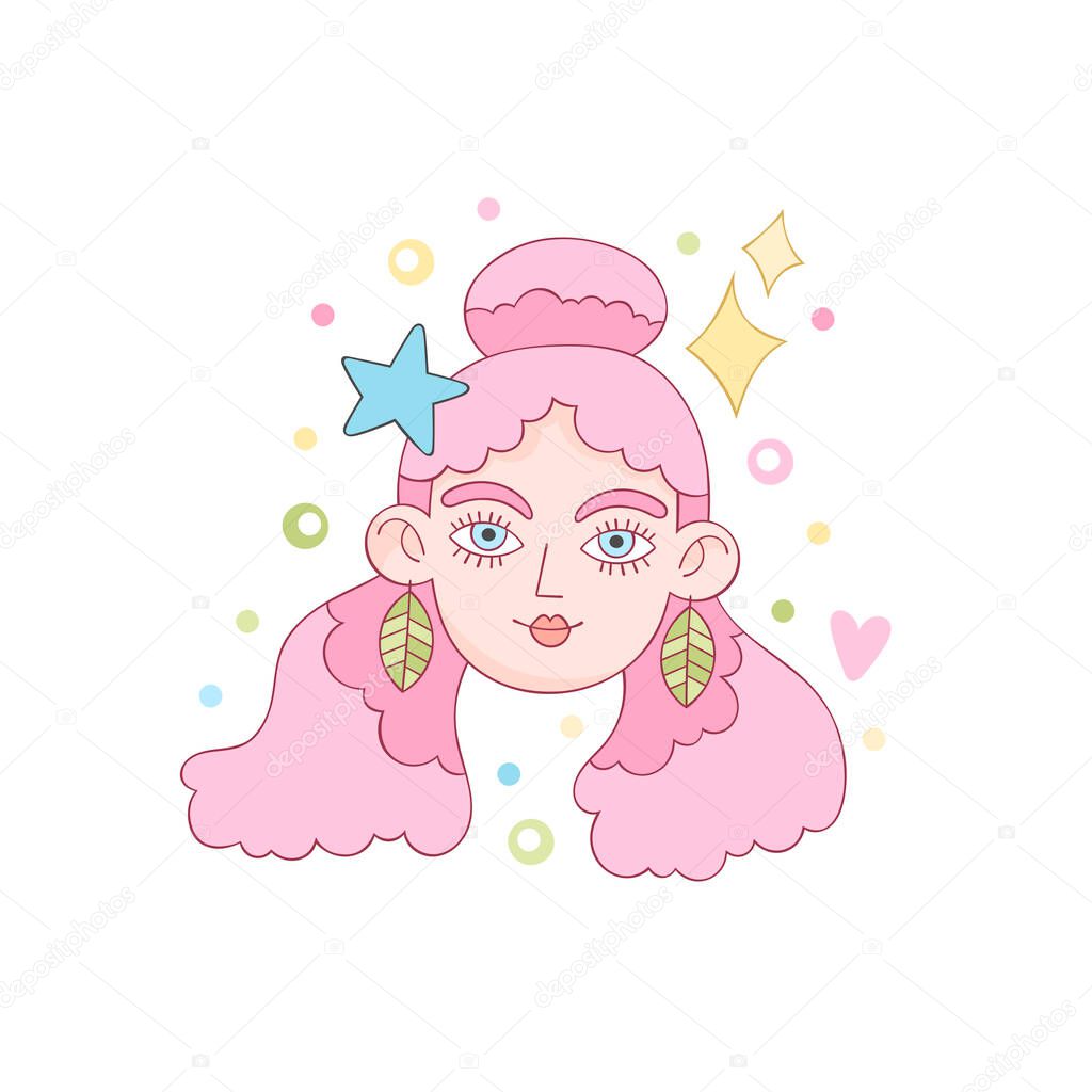 Beautiful girl. Cartoon character. Crazy hairstyle model art. Hearts, stars, dots and sparkles. Isolated vector object on white background.