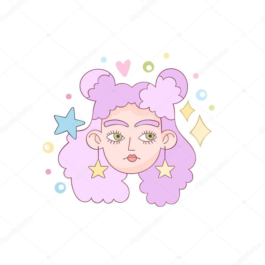Beautiful girl. Cartoon character. Crazy hairstyle model art. Hearts, stars, dots and sparkles. Isolated vector object on white background.