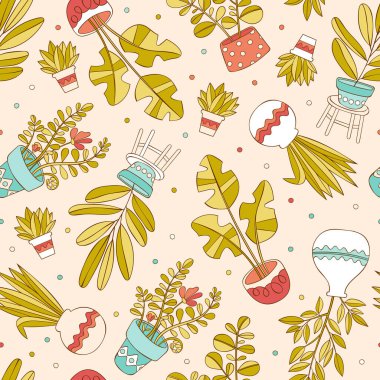    Tencerede güzel bir çiçek. Bitki. Kusursuz vektör deseni (arkaplan). Çizgi film baskısı.