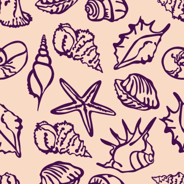 Deniz öğeleri kompozisyon. Deniz kabukları grubudur. Arka plan ile deniz kabuklarını. El-çizim dekorasyon.