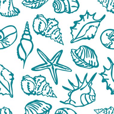 Deniz öğeleri kompozisyon. Deniz kabukları grubudur. Arka plan ile deniz kabuklarını. El-çizim dekorasyon.