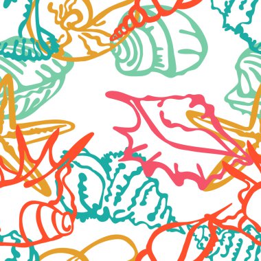 Deniz öğeleri kompozisyon. Deniz kabukları grubudur. Arka plan ile deniz kabuklarını. El-çizim dekorasyon.