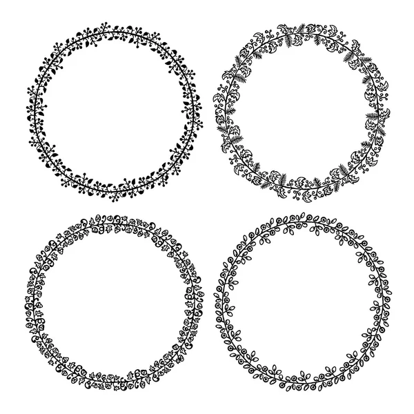 Reihe von handgezeichneten dekorativen Rahmen. ein Satz von vier dekorativen Rahmen. dekorative Kritzelkränze aus Zweigen. Satz Nummer zwei. schwarzer Hintergrund. schwarz-weiß. — Stockvektor