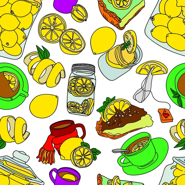 Lemon. Dulces. Postres. Té. Ilustración vectorial con la imagen de dulces, limones. Una imagen brillante. Dibujo color. Ilustración perfecta . — Vector de stock