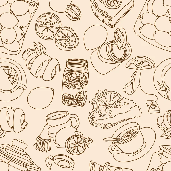 Citron. Des bonbons. Desserts. Du thé. Illustration vectorielle avec l'image de bonbons, citrons. Image lumineuse. Dessin couleur. Illustration sans couture . — Image vectorielle