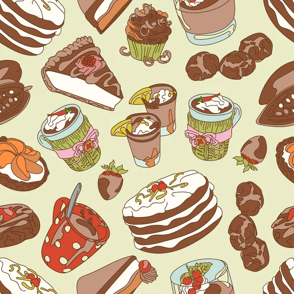 Schokolade. Kakao. Vektor nahtlose Illustration (Textur), die die heiße Schokolade, Kakaobohnen, Schokolade Desserts, Kuchen, Kuchen, Muffins und Kekse zeigt. helles Bild. — Stockvektor