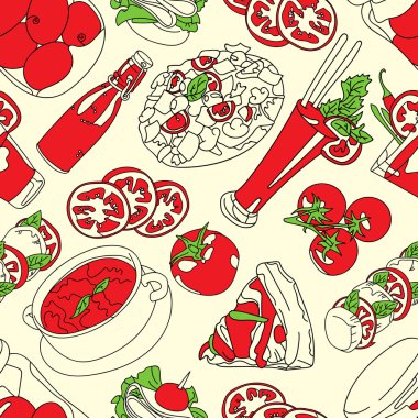 Domates. Ketçap. Pizza. Vektör sorunsuz çizim (doku) resmi olan domates, domates suyu, pizza, ketçap sandviç ve turşusu domates. Parlak görüntü.