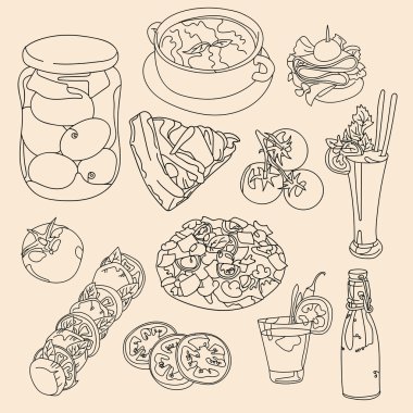 Domates. Ketçap. Pizza. Vektör çizim (doku) resmi olan domates, domates suyu, pizza, ketçap sandviç ve turşusu domates. Parlak görüntü.