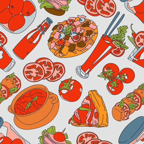Tomate. Ketchup. Pizza. Vektor nahtlose Illustration (Textur) mit einem Bild von Tomaten, Tomatensaft, Pizza, Ketchup-Sandwiches und eingelegten Tomaten. helles Bild. — Stockvektor