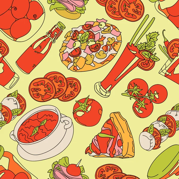 Tomat. Ketchup. Pizza. Vektor sömlös illustration (textur) med en bild av tomater, tomatjuice, pizza, ketchup mackor och syltade tomater. Ljusa bild. — Stock vektor