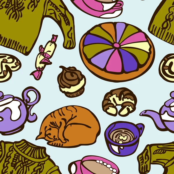 Chaleur. Lumière. Illustration vectorielle sans couture, qui montre : un pull, chat, muffin, croissant, muffin, tarte, tasse de thé, une tasse de café, café chaud, thé, chocolat chaud, oreiller, bouilloire. Image lumineuse . — Image vectorielle