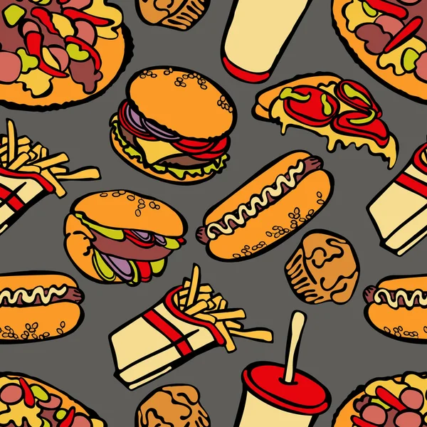 Fast Food. Vektor nahtlose Illustration, die zeigt: Hamburger (leckere Hamburger mit Tomaten, Käse, Soßen und Fleisch), Hot Dog, Pizza, Sandwich, Milchshake, Pommes frites. — Stockvektor