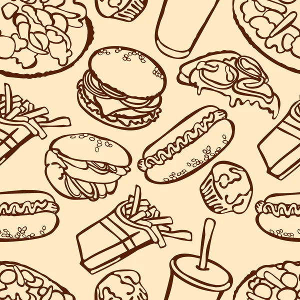 Fast Food. Vektor nahtlose Illustration, die zeigt: Hamburger (leckere Hamburger mit Tomaten, Käse, Soßen und Fleisch), Hot Dog, Pizza, Sandwich, Milchshake, Pommes frites. — Stockvektor