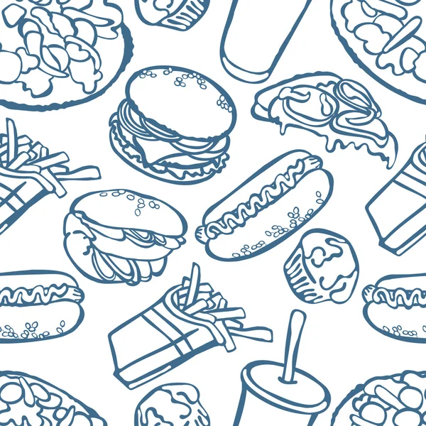 Snabbmat. Vektor sömlös illustration, som visar: hamburgare (välsmakande hamburgare med tomater, ost, såser och kött), varm hund, pizza, smörgås, milkshake, fransk potatis. — Stock vektor