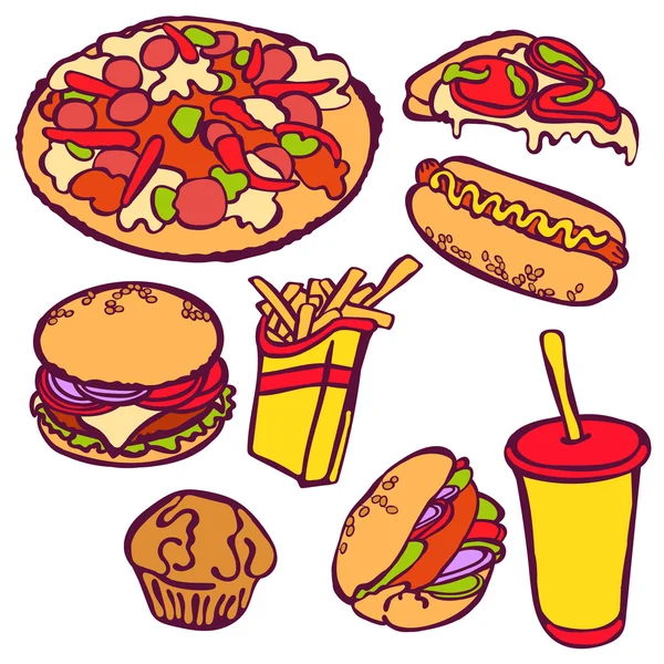 Fast-foody. Wektorowych ilustracji, który pokazuje: hamburger (smaczny hamburger z pomidorami, serem, sosy i mięso), gorący pies, pizza, kanapki, milkshake, francuski frytek. Zestaw z różnych fast food. — Wektor stockowy